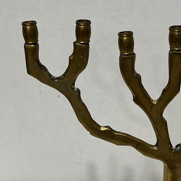 Vintage Solid Brass MCM Brutalist Style Tree Of Life Menora Judaica 10” Patina - Picture 3 of 12